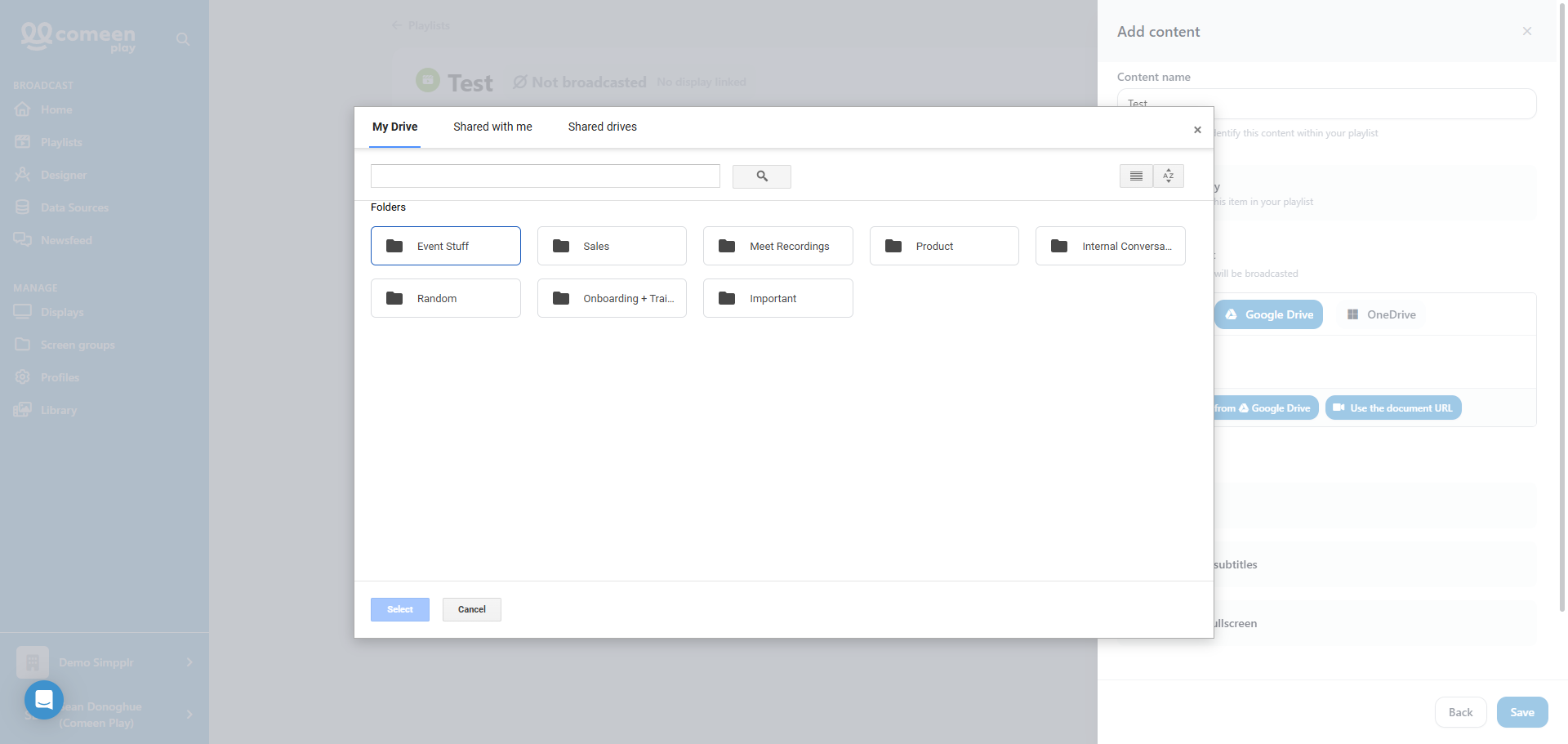 Sélectionner Vidéo Google Drive